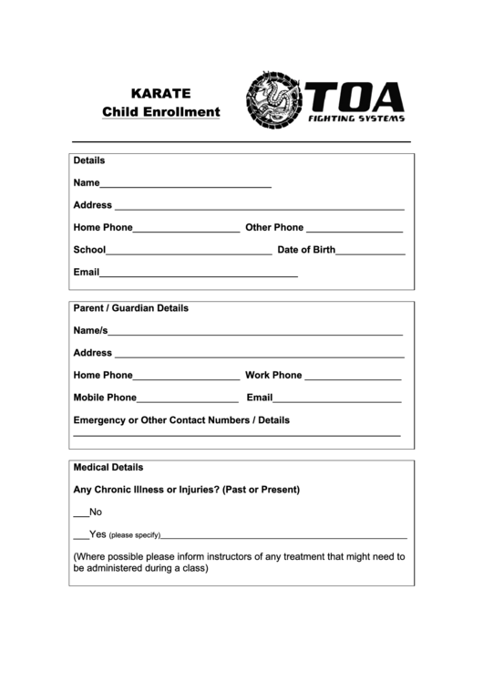 Karate Child Enrollment Printable pdf