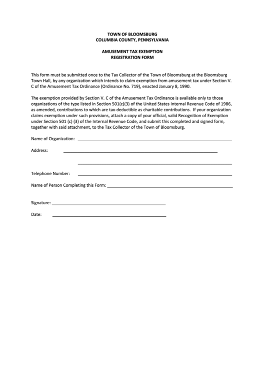Amusement Tax Exemption Registration Form Printable pdf
