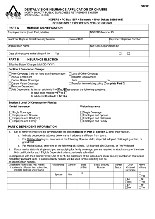 Form 58792 - Dental/vision Insurance Application Or Change Printable pdf