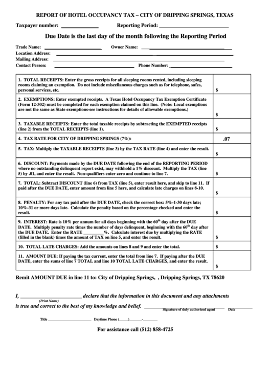 Report Of Hotel Occupancy Tax - City Of Dripping Springs, Texas Printable pdf