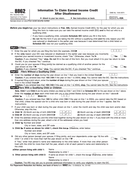 Form 8862 - Information To Claim Earned Income Credit After Disallowance With Instructions - 2005 Printable pdf