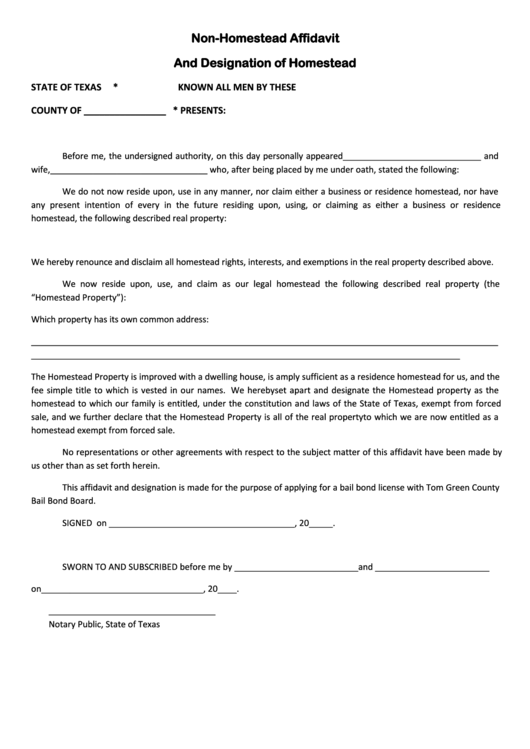 Fillable Non-Homestead Affidavit And Designation Of Homestead Printable pdf