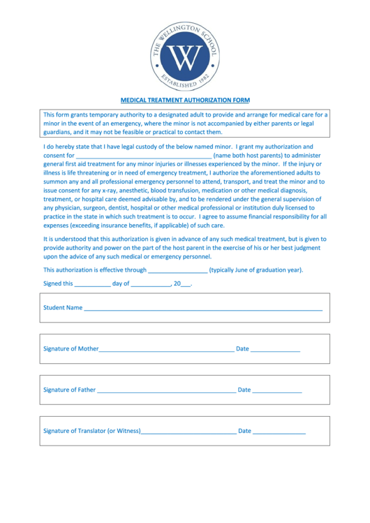 Medical Treatment Authorization Form Printable pdf