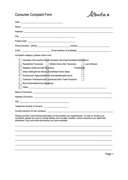 Consumer Complaint Form Printable Pdf Download