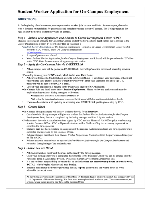 Student Worker Application For On Campus Employment Printable pdf