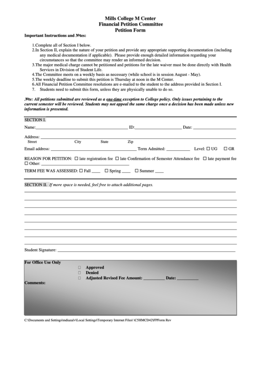 Financial Petition - Mills College Printable pdf