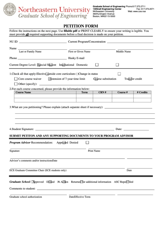 Fillable Petition Form - Northeastern University Printable pdf
