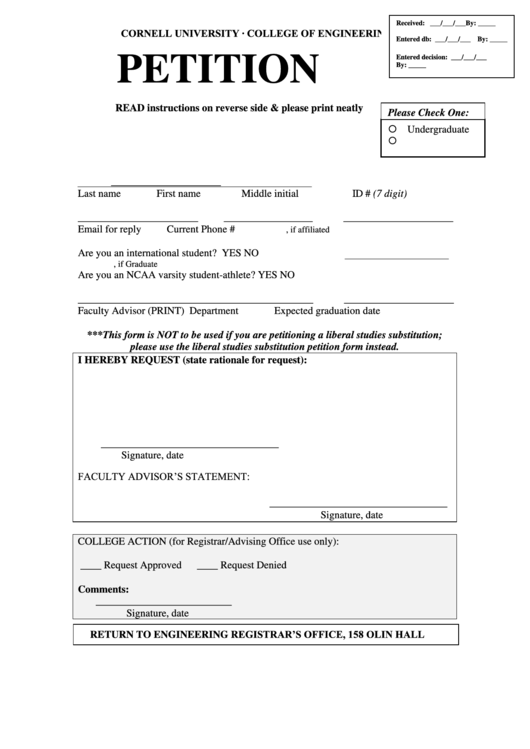 Fillable Petition Form - Cornell Engineering (Cornell University) Printable pdf