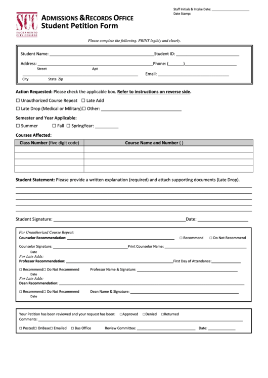 Student Petition Form - Sacramento City College Printable pdf