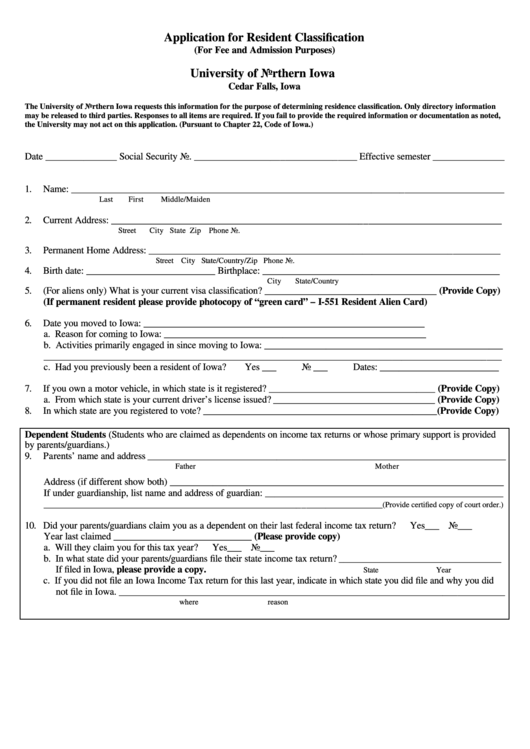 Residency Classification Application - University Of Northern Iowa Printable pdf