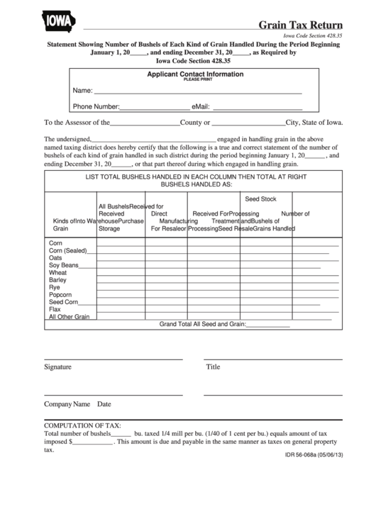 Fillable Form Idr 56-068 - Grain Tax Return - 2013 Printable pdf