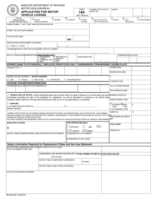 Fillable Form 184 - Application For Motor Vehicle License Printable pdf