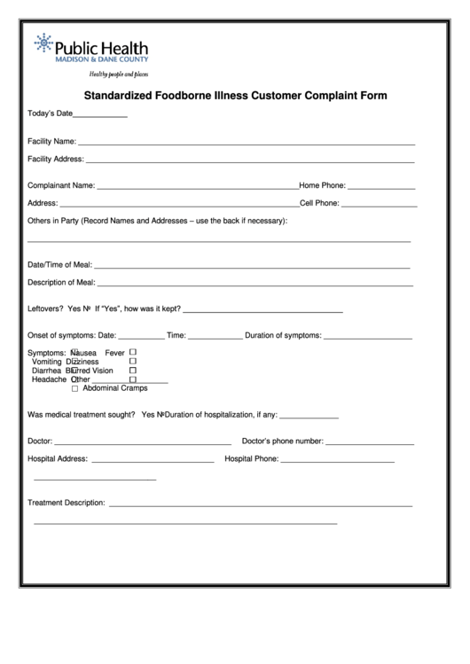 Standardized Foodborne Illness Customer Complaint Form Printable Pdf 