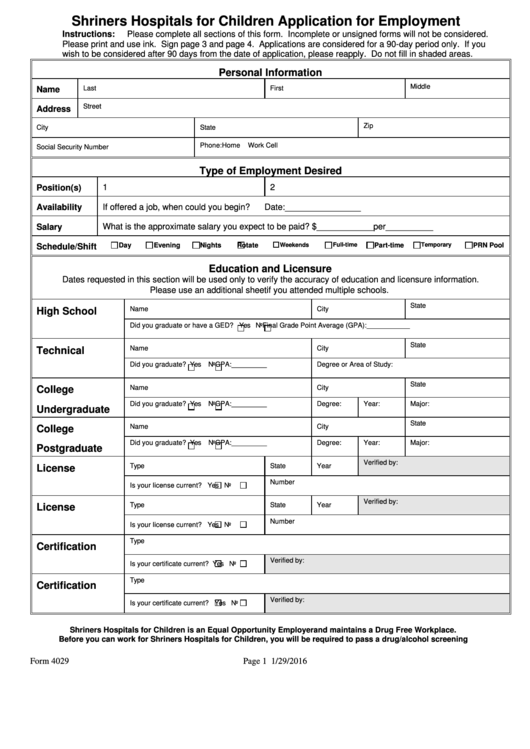 Shriners Hospitals For Children Application For Employment Printable pdf