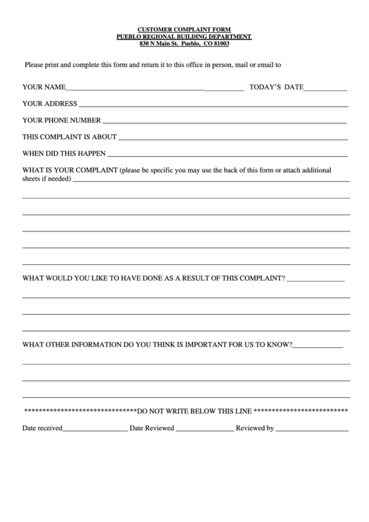 Customer Complaint Form Pueblo Regional Building Department Printable pdf