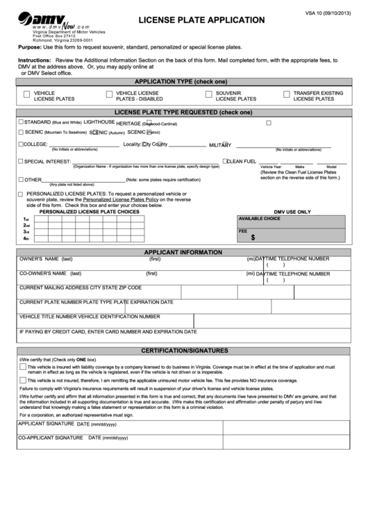 Fillable Form Vsa 10 - License Plate Application Printable pdf