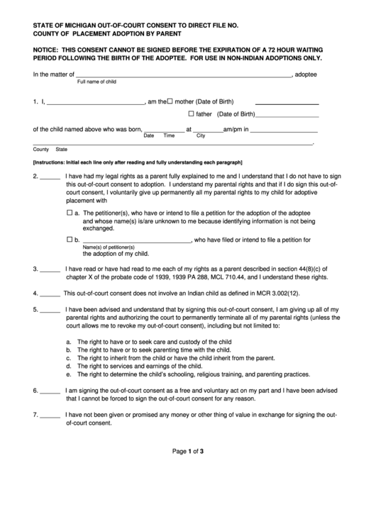 Fillable Out-Of-Court Consent To Direct Placement Adoption By Parent Printable pdf