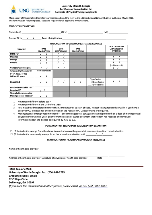 Dpt Immunization Form - Ung Printable pdf