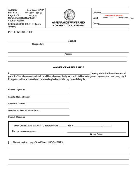 Appearance Waiver And Consent To Adoption Printable pdf