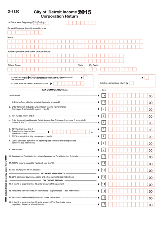 Form D-1120 - Income Tax Corporation Return - City Of Detroit - 2015 Printable pdf
