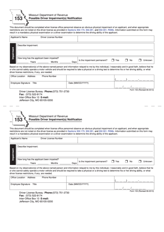 Fillable Dor Form 153 Possible Driver Impairment Notification Printable pdf