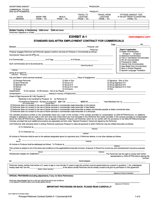 Fillable Standard SagAftra Employment Contract For Commercials printable pdf download