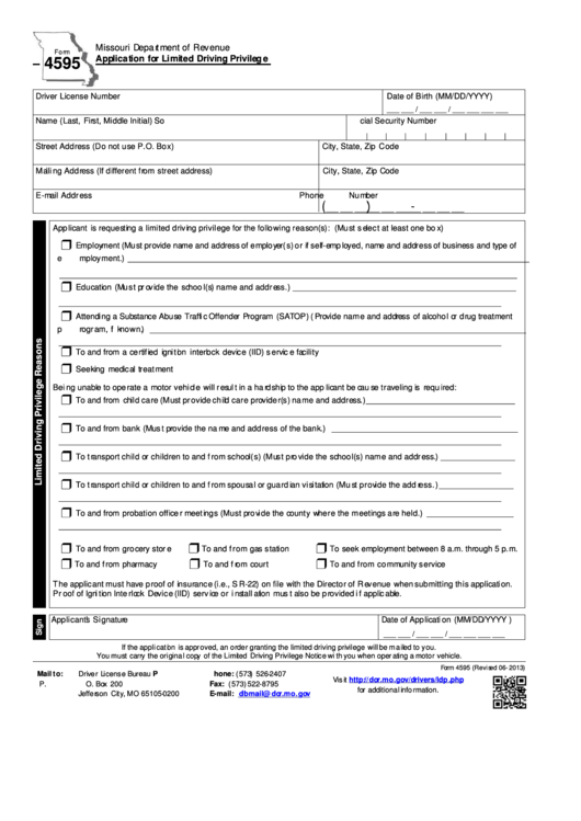 Missouri Department Of Revenue Application For Limited Driving Privilege 4595 Printable pdf