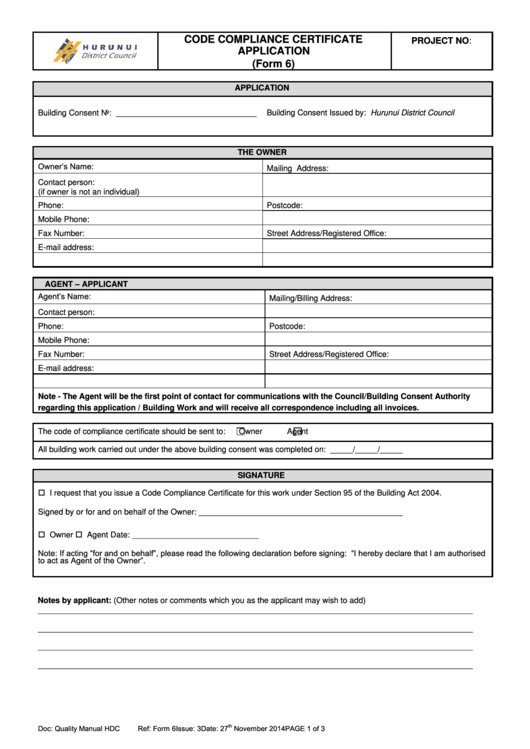 Code Compliance Certificate Application (Form 6) Hurunui District
