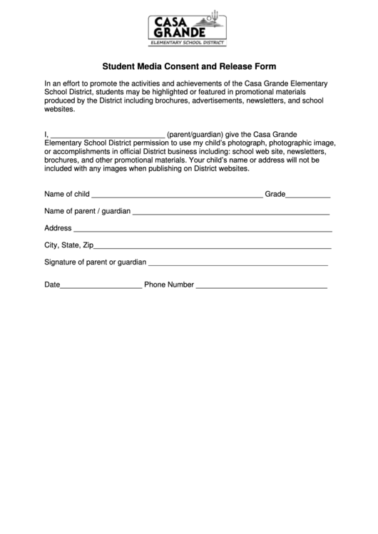 Student Media Consent And Release Form Printable pdf