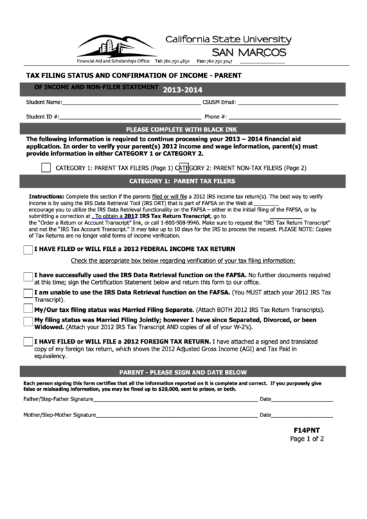 Tax Filing Status And Confirmation Of Income Printable pdf