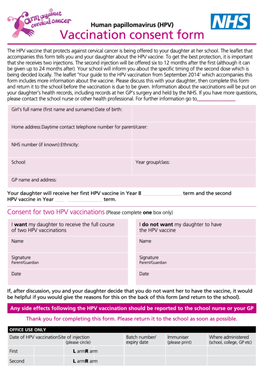 Hpv Vaccination Consent Form Nhs Printable pdf