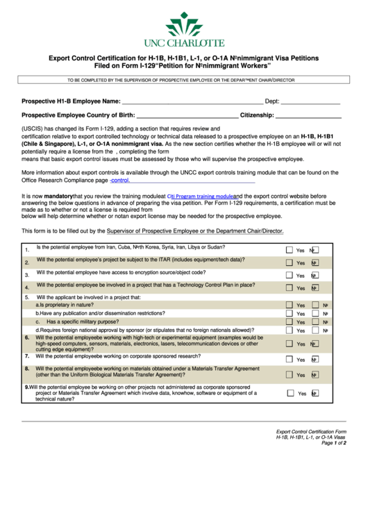 Export Control Certification For H-1b, H-1b1, L-1, Or O-1a Nonimmigrant Visa Petitions Printable pdf