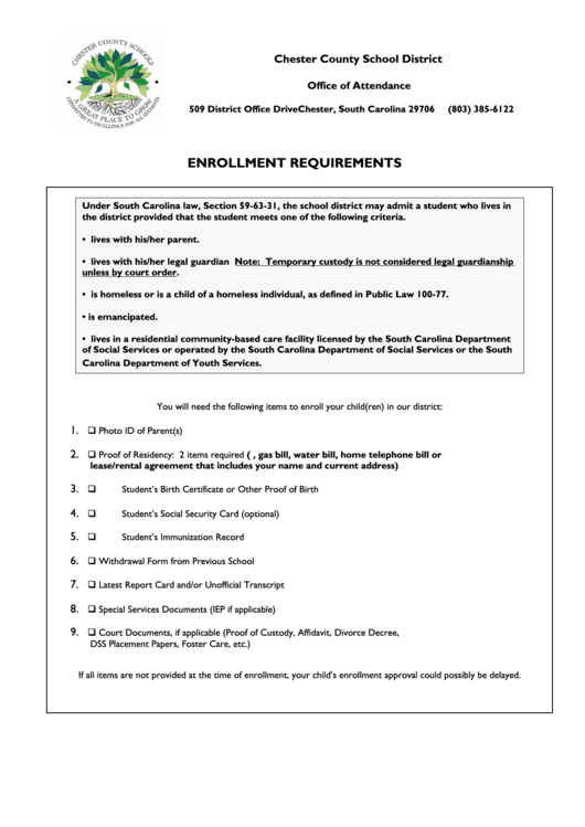 New Enrollment Form 2012 Chester Printable pdf