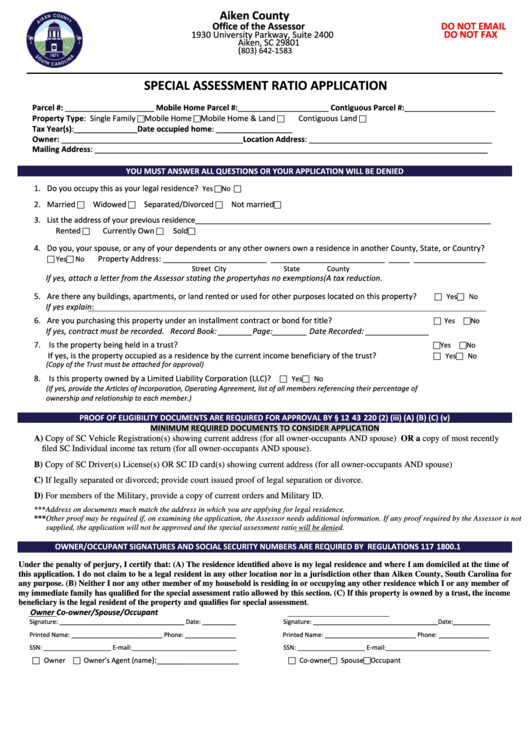Fillable Special Assessment Ratio Application Form Printable pdf