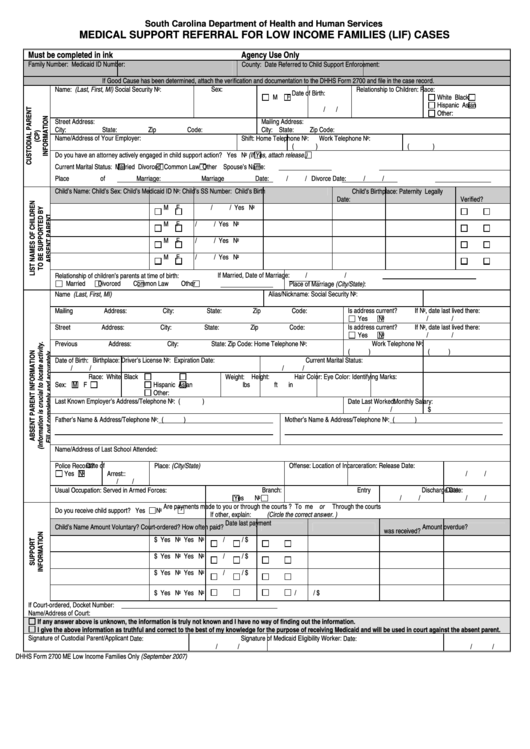 Fillable South Carolina Department Of Health And Human Services Medical Support Referral For Low Income Families Printable pdf