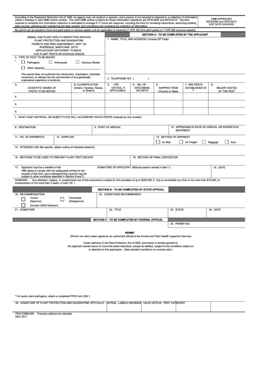 Fillable Ppq Form 526 - Application For Permit To Move Live Plant Pests Or Noxious Weeds Printable pdf