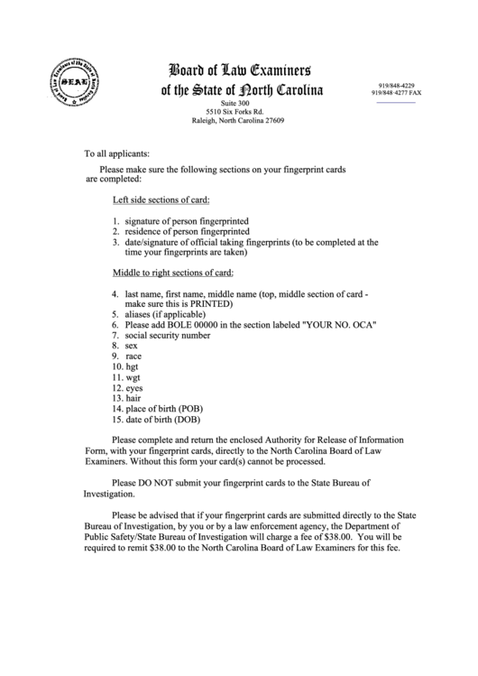 Fingerprint Card Instructions - North Carolina Board Of Law Examiners Printable pdf