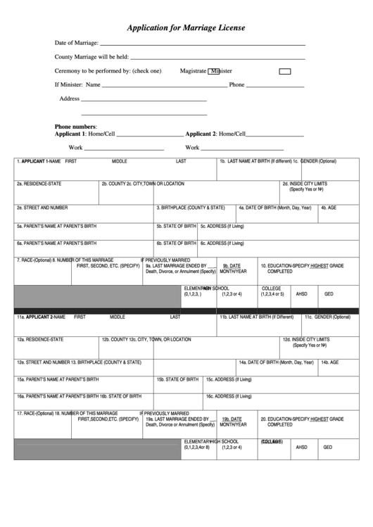 Application Form For Marriage License Printable pdf