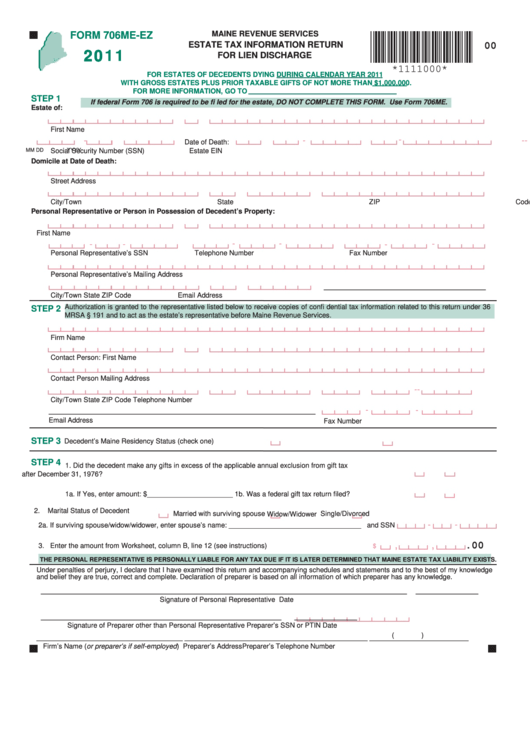 Form 706me-Ez - Estate Tax Information Return For Lien Discharge - 2011 Printable pdf