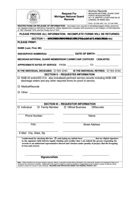 Fillable Request Form For Michigan National Guard Records Printable pdf