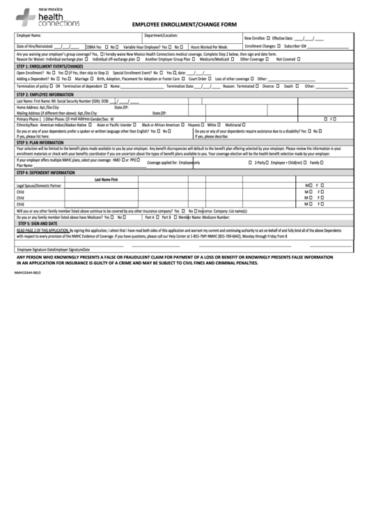 Fillable Employee Enrollment Change Form - New Mexico Health Printable pdf