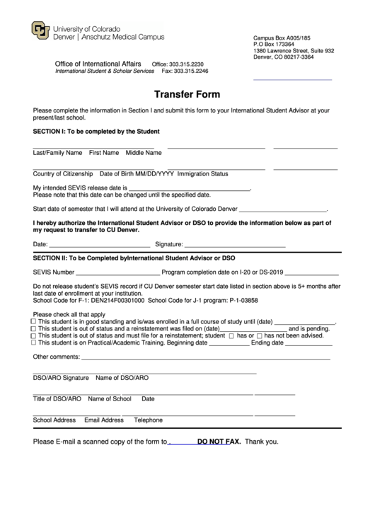 Transfer Form - University Of Colorado Denver Printable pdf