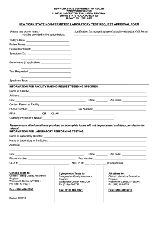 Fillable New York State Non-Permitted Laboratory Test Request Approval Form Printable pdf