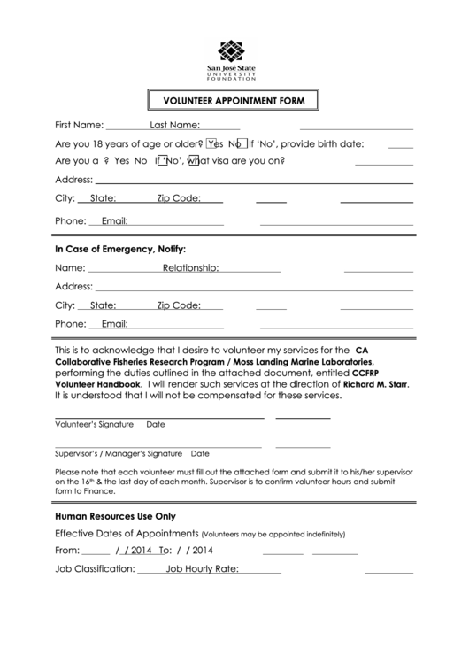 Volunteer Appointment Form Printable pdf