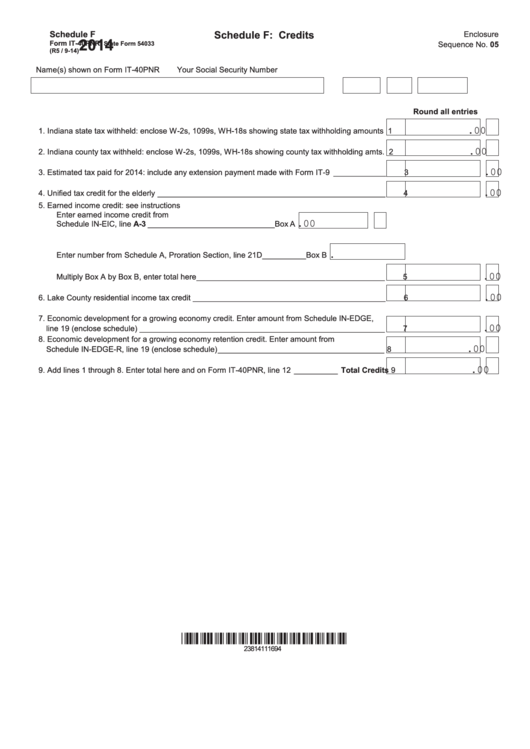 Fillable Form It-40pnr - Schedule F: Credits - 2014 Printable pdf