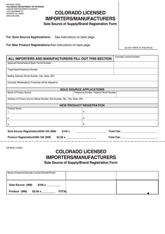 Fillable Form Dr 8440 - Sole Source Of Supply/brand Registration Form Printable pdf