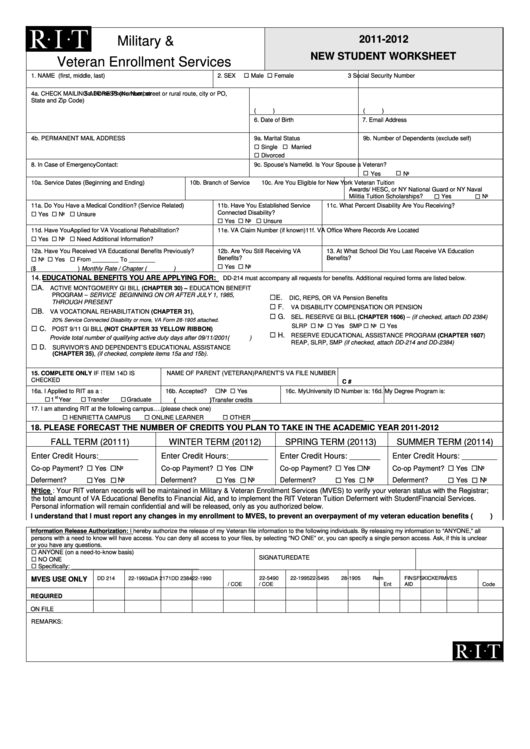2011-2012 New Student Worksheet (Military & Veteran Enrollment Services) Printable pdf