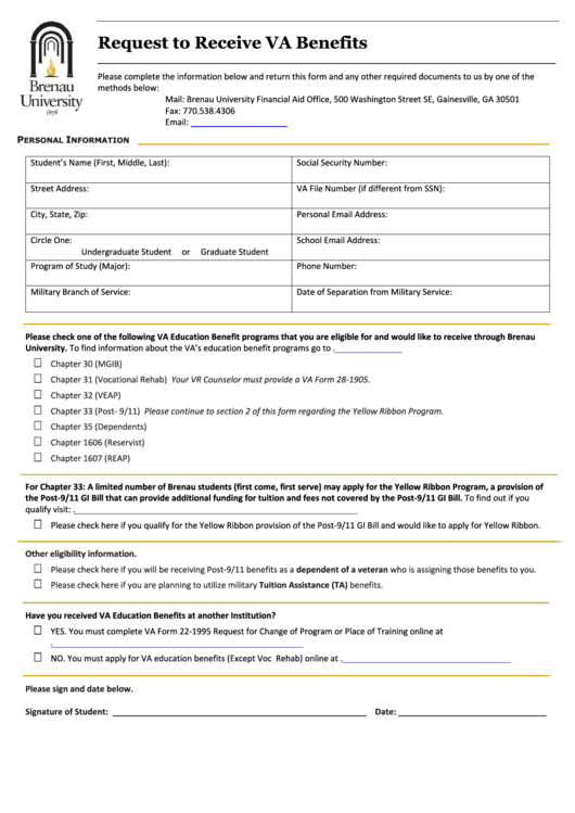 Request Form To Receive Va Benefits Printable pdf