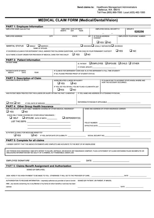 Medical Claim Form (Medical/dental/vision) Printable pdf