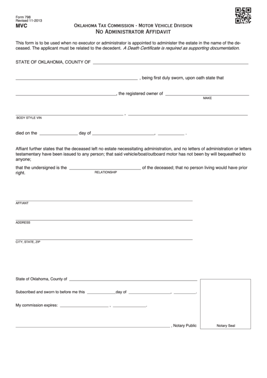 Fillable Form 798 - No Administrator Affidavit Printable pdf